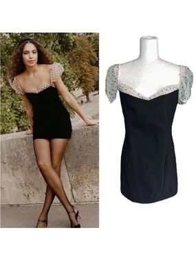 NWT Camila Coelho Black Polka Dot tulle  Puff Sleeve Sheath Dress, Size S